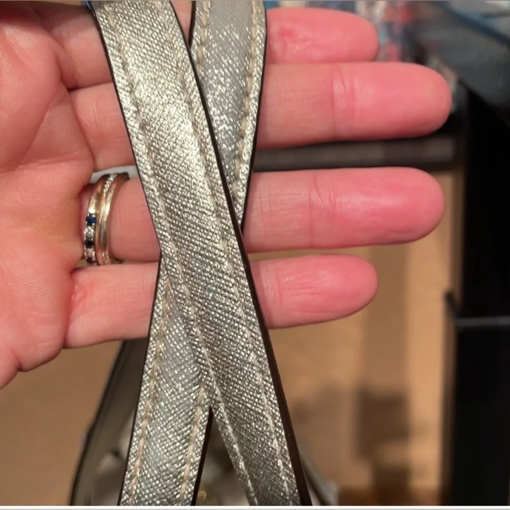 KATE SPADE Cream Saffiano & Metallic Silver Leather Tote w/Twilly & Dust Bag,EUC